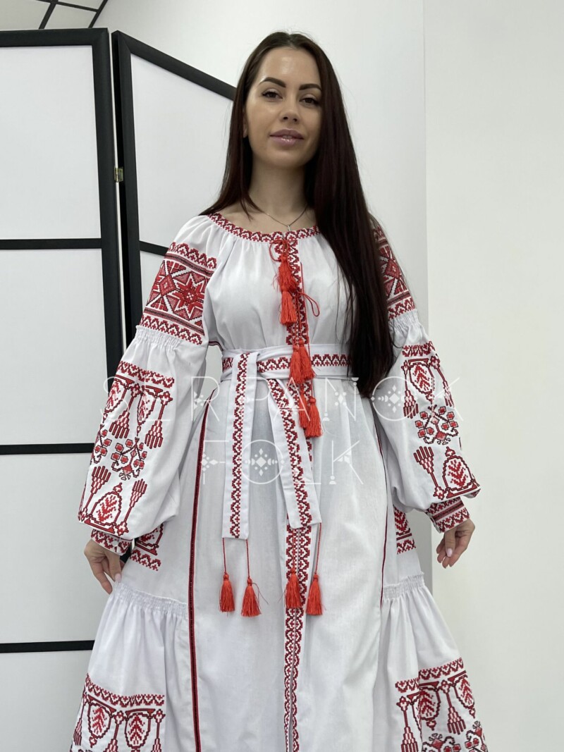 Біла святкова довга жіноча вишита сукня з червоною вишивкою "Мішель" - Зображення 3