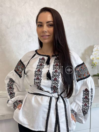 Офісна біла жіноча блуза вишиванка з українською вишивакою "Забава" - Зображення 2