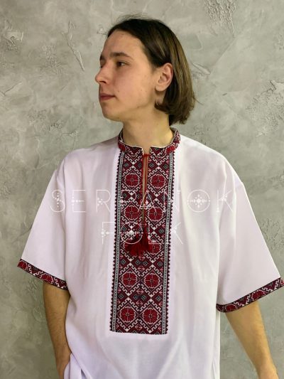 Біла чоловіча вишиванка з коротким рукавом на домотканому полотні "Макар" - Зображення 4