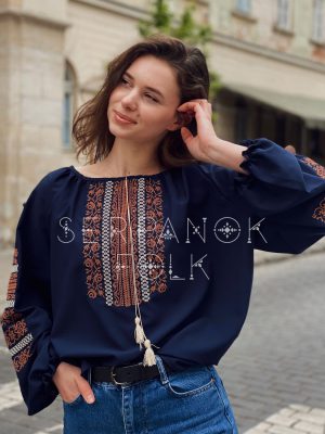 Офісна сучасна синя жіноча блуза вишиванка на легкому шифоні "Оріана"