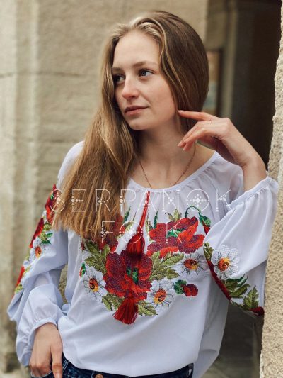 Святкова біла шифонова жіноча вишиванка з вишитими маками "Анісія" - Зображення 2