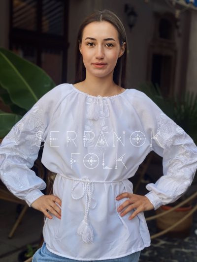 Святкова жіноча білим по білому блуза вишиванка з квітковим орнаментом "Моніка" - Зображення 5