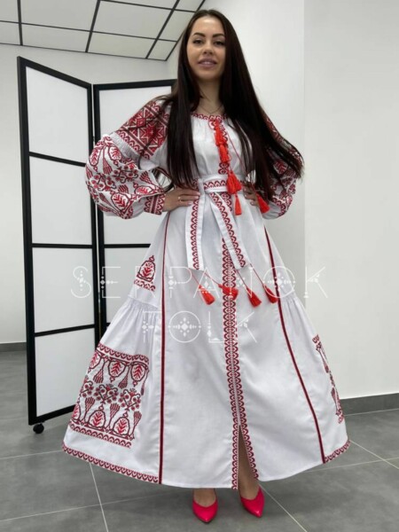 Біла святкова довга жіноча вишита сукня з червоною вишивкою "Мішель"