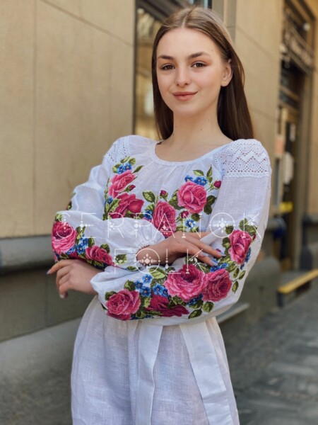 Святкова вишита жіноча сукня біла з квітковим орнаментом троянди "Анжеліка"