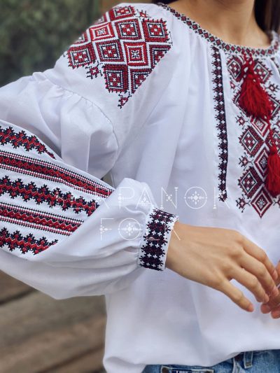 Українська традиційна біла жіноча вишиванка на домотканому полотні "Єфросінія" - Зображення 3