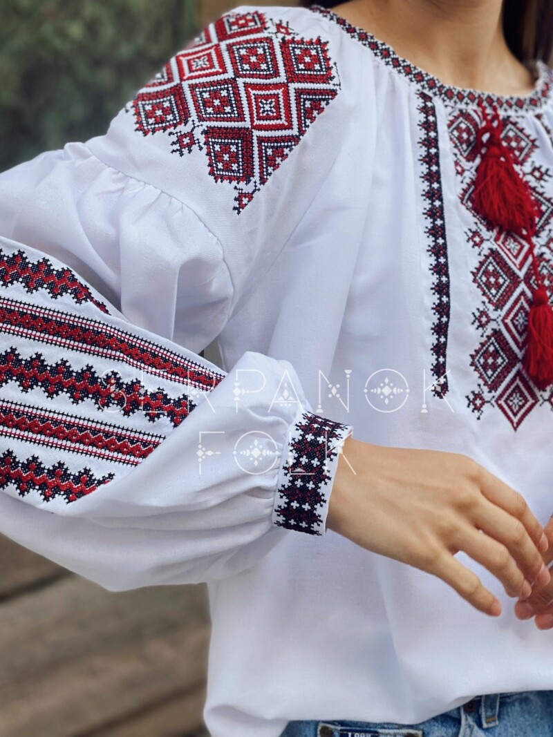 Українська традиційна біла жіноча вишиванка на домотканому полотні "Єфросінія" - Зображення 3