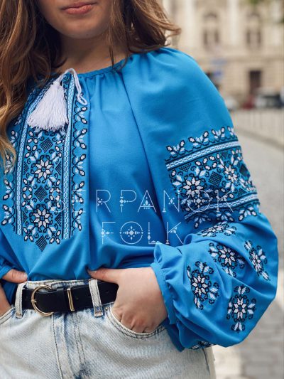 Сучасна жіноча блуза вишиванка з геометричною вишивкою на легкому шифоні "Амелі" - Зображення 3