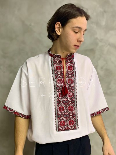 Біла чоловіча вишиванка з коротким рукавом на домотканому полотні "Макар" - Зображення 2