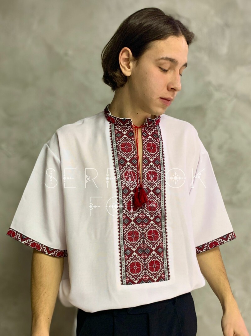 Біла чоловіча вишиванка з коротким рукавом на домотканому полотні "Макар" - Зображення 2