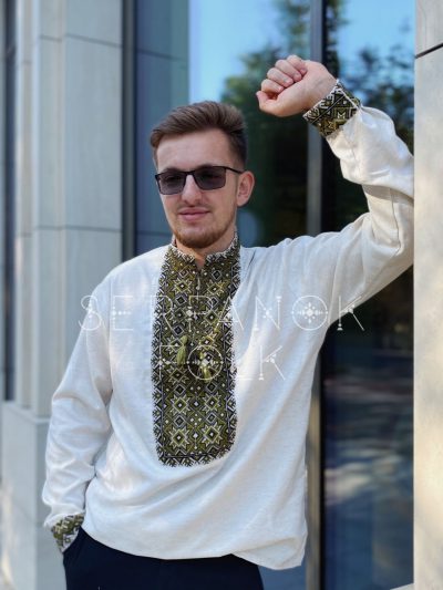 Стильна чоловіча вишиванка на домотканому полотні з зеленою вишивкою "Вітязь" - Зображення 5