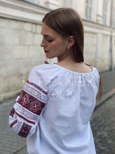 Українська біла жіноча блуза вишиванка з решитилівкою "Зореслава" - Зображення 3