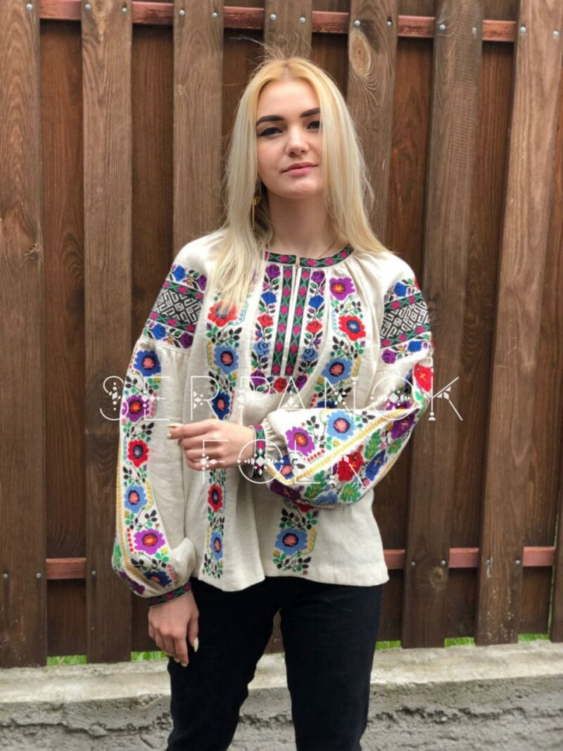 Квіткова жіноча вишиванка з борщівською вишивкою на лляній тканині "Поліана" - Зображення 2