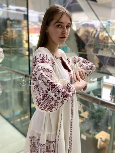 Жіноча коротка молочна сукня на лляній тканині в стилі бохо "Макош" - Зображення 4