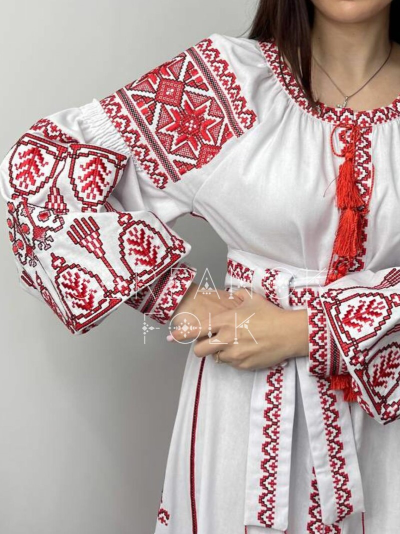 Біла святкова довга жіноча вишита сукня з червоною вишивкою "Мішель" - Зображення 4