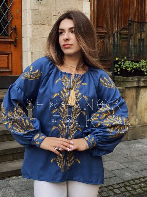 Бавовняна жіноча бохо блуза джинсового кольору з золотими колосками "Жаннет"