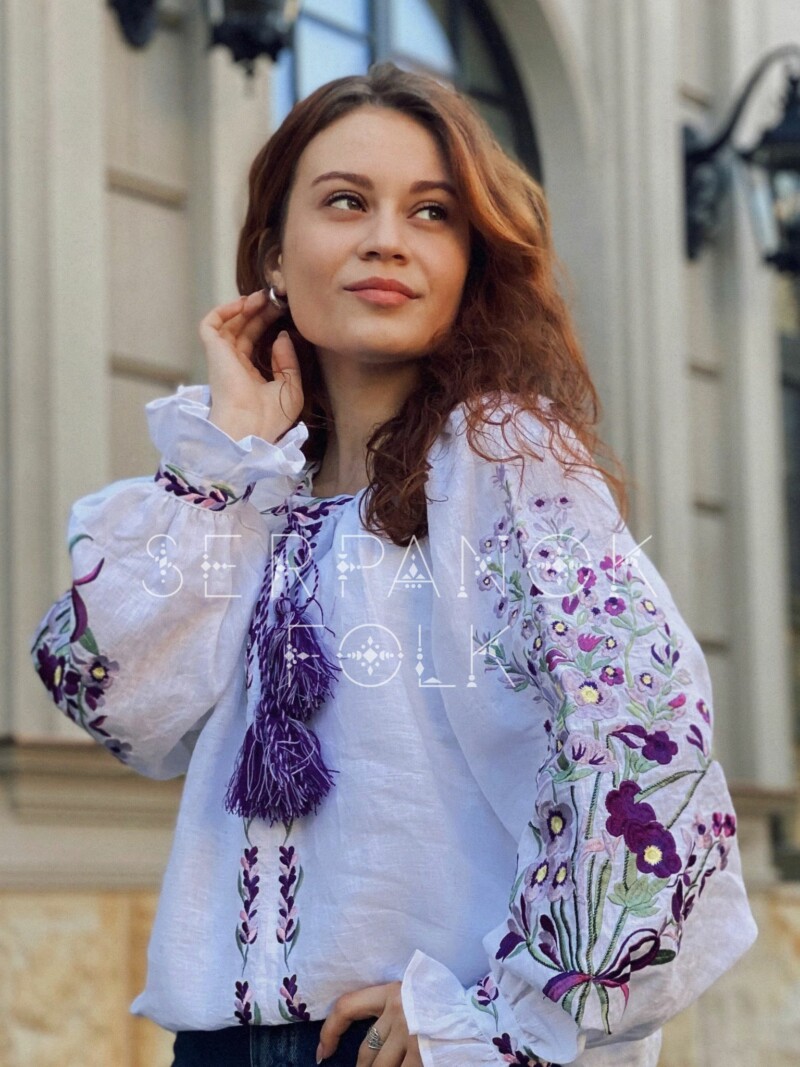 Стильна біла жіноча вишиванка бохо на ллянній тканині з лавандою "Жаклін" - Зображення 3