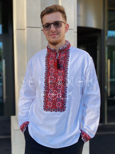 Святкова чоловіча вишиванка на домотканому полотні з червоною "Вітязь"