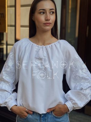 Святкова жіноча білим по білому блуза вишиванка з квітковим орнаментом "Моніка"