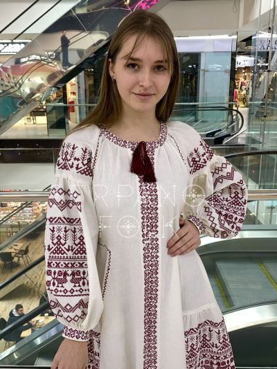 Жіноча коротка молочна сукня на лляній тканині в стилі бохо "Макош" - Зображення 2