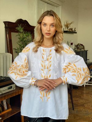 Біла святкова жіноча блуза вишиванка з золотими колосками на бавовні "Жаннет"