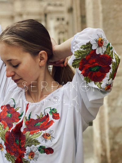 Святкова біла шифонова жіноча вишиванка з вишитими маками "Анісія" - Зображення 4