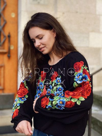 Елегантна чорна шифонова жіноча вишиванка з вишитими квітами "Раяна" - Зображення 5