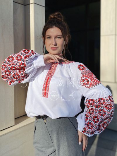 Традиційна біла жіноча вишиванка на домотканому полотні "Звенислава" - Зображення 5