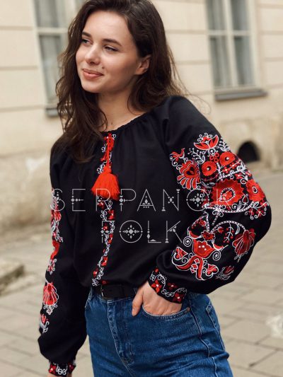 Чорна жіноча вишиванка з квітами на домотканому полотні "Дерево роду" - Зображення 2
