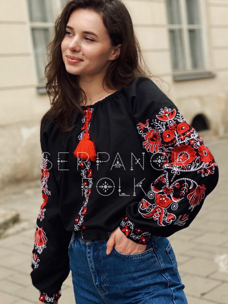 Чорна жіноча вишиванка з квітами на домотканому полотні "Дерево роду" - Зображення 2