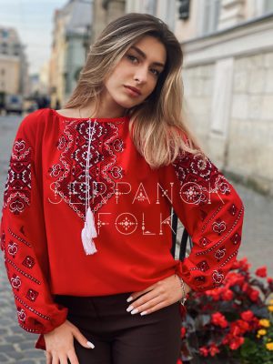 Святкова червона жіноча блуза вишиванка з геометричною вишивкою "Марсела"