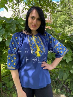 Синя патріотична жіноча блуза вишиванка з коротким рукавом "Північна зірка"