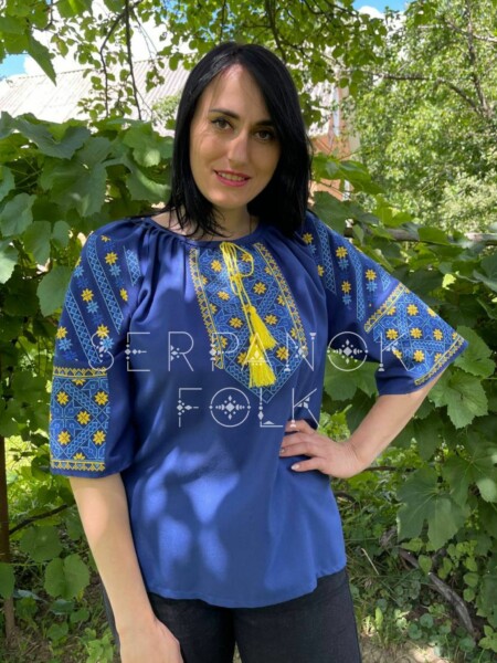 Синя патріотична жіноча блуза вишиванка з коротким рукавом "Північна зірка"