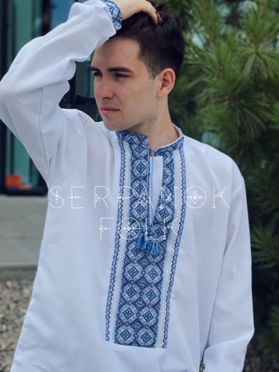 Святкова біла чоловіча вишиванка на домотканому полотні "Всеволод" - Зображення 2