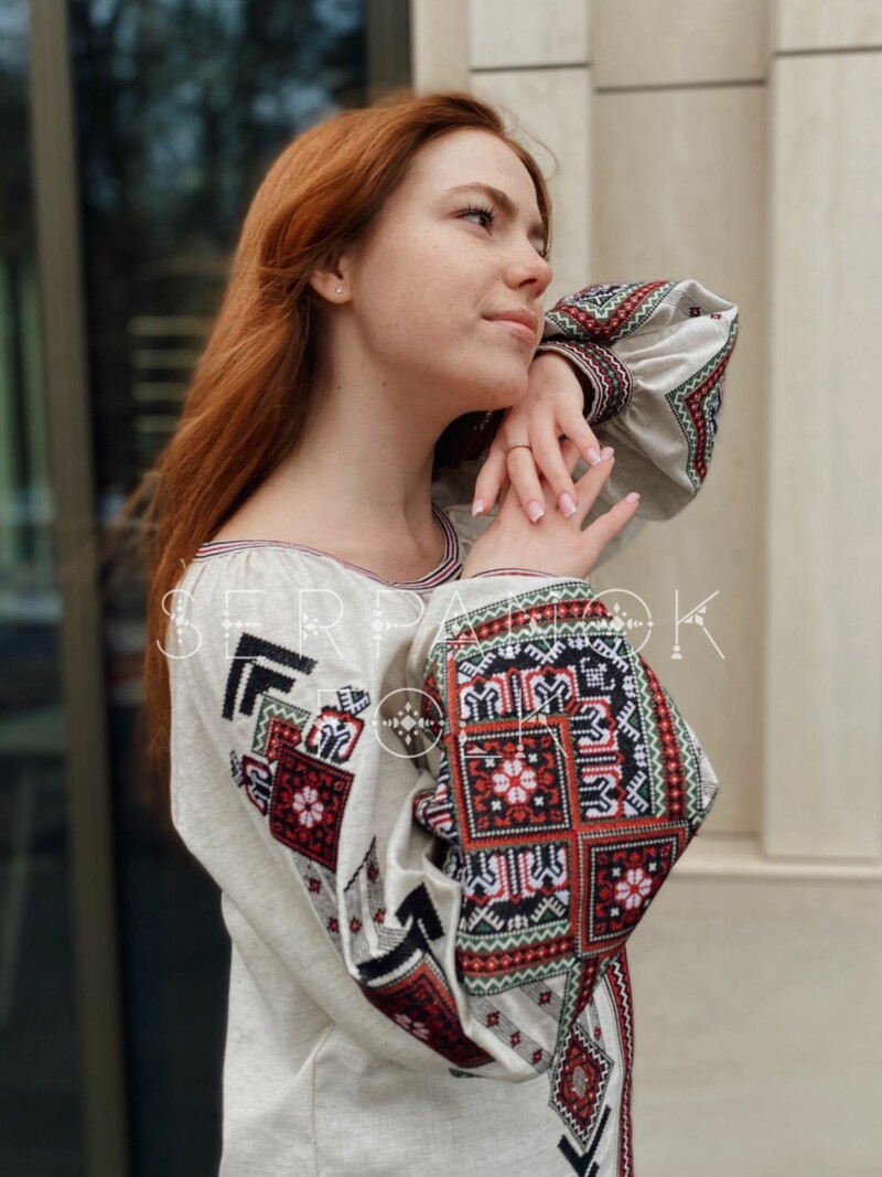 Бежева жіноча вишиванка на лляній тканині з геометричною вишивкою "Сабріна" - Зображення 5