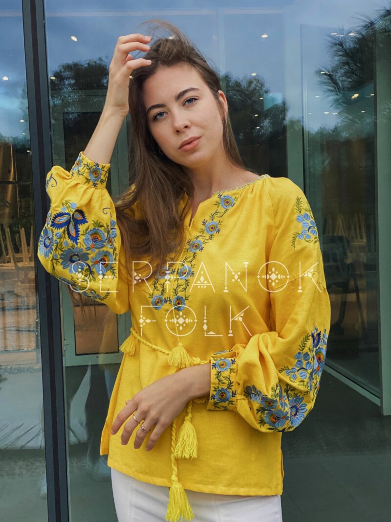 Жовто гаряча українська вишита блуза в стилі бохо з голубими квітами  "Стефанія" - Зображення 5