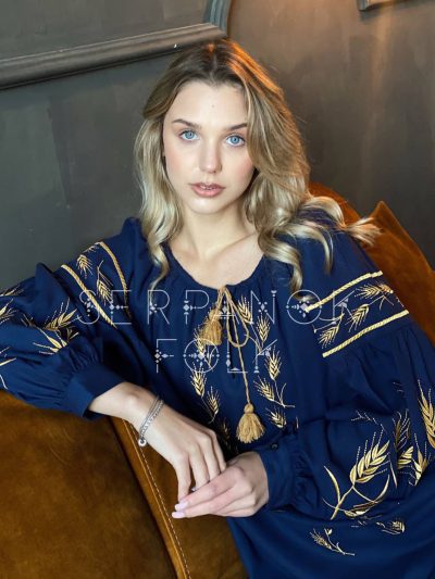 Українська темно синя жіноча вишита блуза з колосками на лляній тканині "Уляна" - Зображення 4