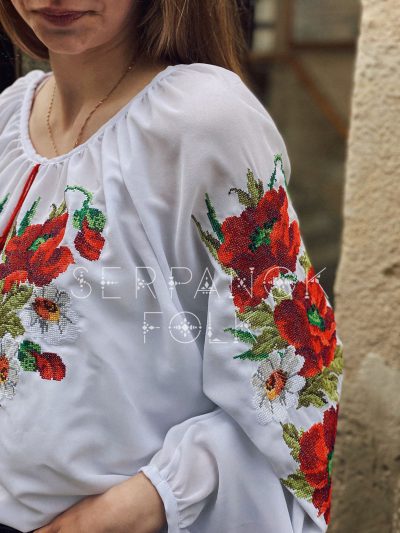 Святкова біла шифонова жіноча вишиванка з вишитими маками "Анісія" - Зображення 3