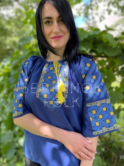 Синя патріотична жіноча блуза вишиванка з коротким рукавом "Північна зірка" - Зображення 2
