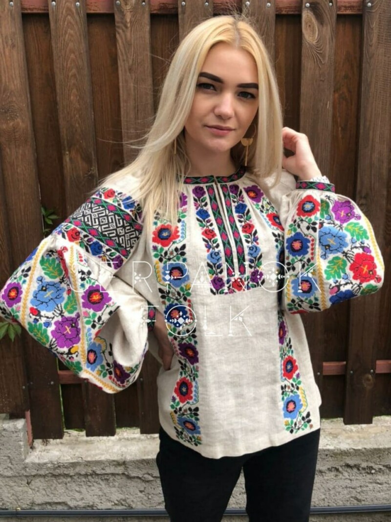 Квіткова жіноча вишиванка з борщівською вишивкою на лляній тканині "Поліана" - Зображення 5