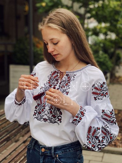 Біла жіноча вишиванка з сокальськими колосками на домотканому полотні "Олеся" - Зображення 3