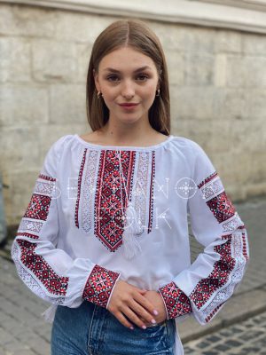 Українська біла жіноча блуза вишиванка з решитилівкою "Зореслава"
