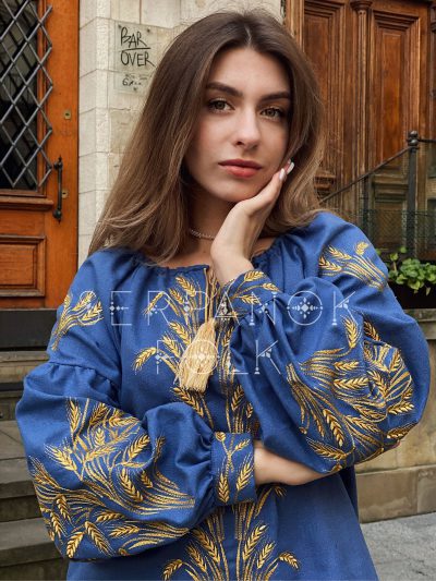 Бавовняна жіноча бохо блуза джинсового кольору з золотими колосками "Жаннет" - Зображення 2