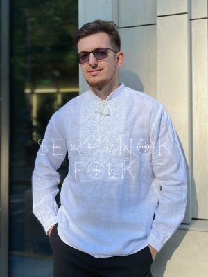 Святкова чоловіча вишиванка білимпо білому на лляній тканині "Ярослав"