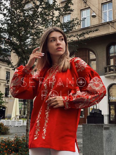 Яскрава червона жіноча вишита сорочка з золотими вишитими птахами "Моніка" - Зображення 3