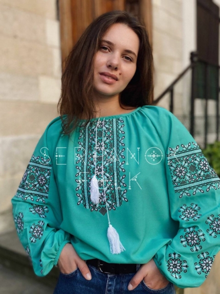 Бірюзова жіноча шифонова вишита блуза “Сирена”