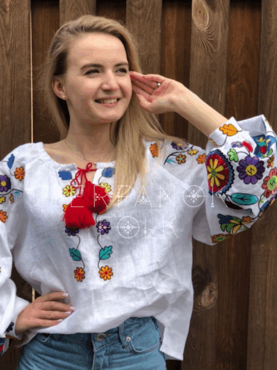 Жіноча квіткова біла святкова вишитта блуза "Едельвейса" - Зображення 5