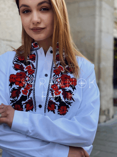 Стильна квіткова біла жіноча блуза вишиванка на домотканому полотні "Джулія"
