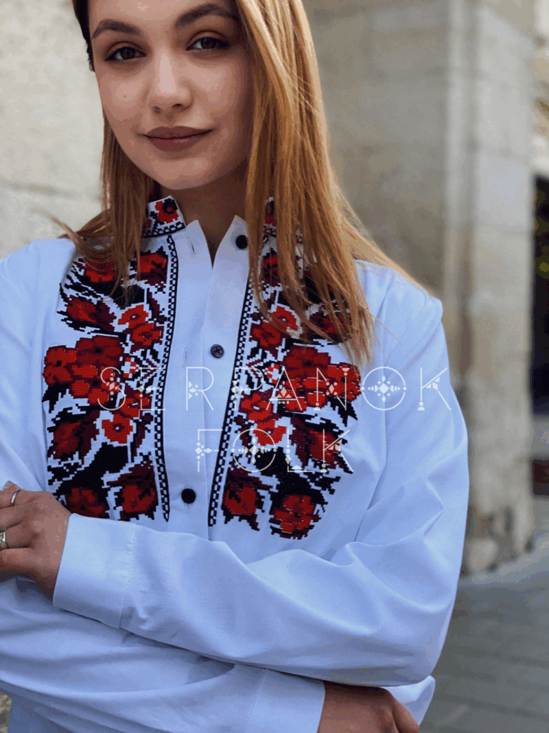 Стильна квіткова біла жіноча блуза вишиванка на домотканому полотні "Джулія"