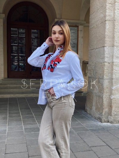Стильна квіткова біла жіноча блуза вишиванка на домотканому полотні "Джулія" - Зображення 3