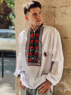 Чоловіча біла вишита сорочка борщівська на домотканому полотні "Орест"